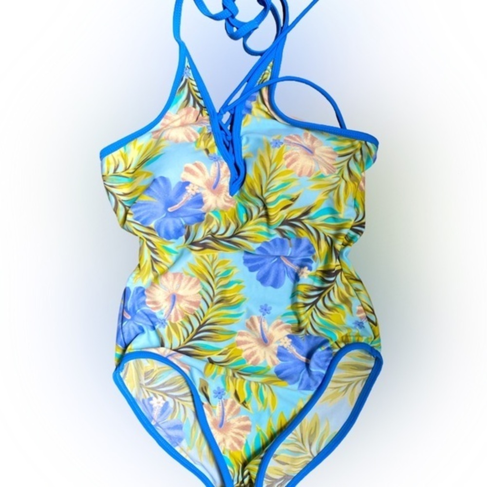 Beach Cabana Swimsuit- S blue  green white  , palm print.  Nylon spandex
